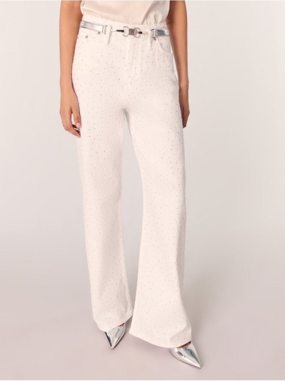 Maje Women’s Wide-leg Denim Jeans With Rhinestone Size 36